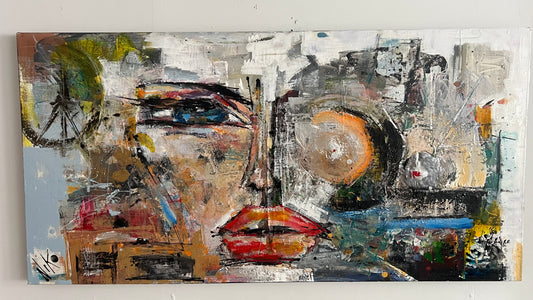 Art Love Émotion original painting by NIKO 24x48 abstract portrait with textured layers and expressive red focal point