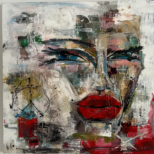 Chaos Glam original painting by NIKO 40x40 abstract portrait with bold red lips and layered expressive textures