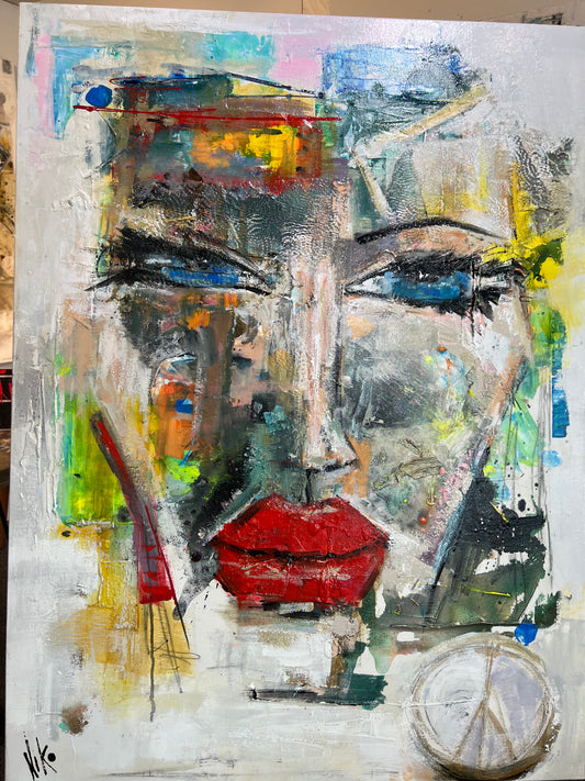 Effervescence Fragmentée original painting by NIKO 40x30 abstract portrait with bold red lips and layered textures