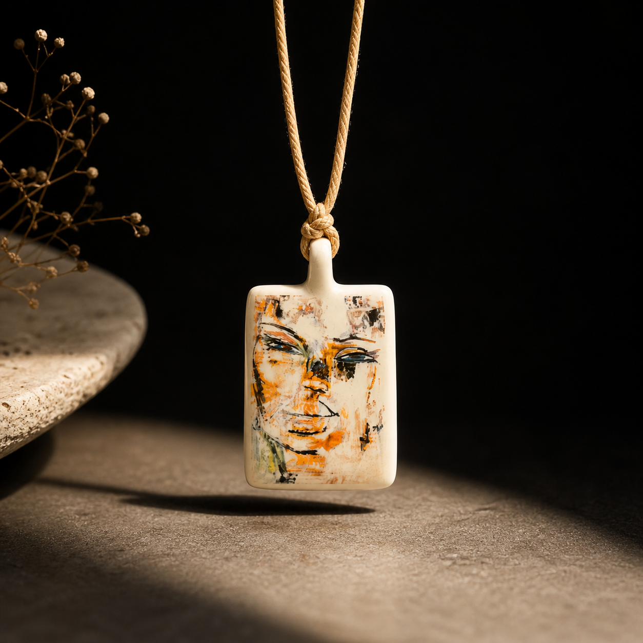 Limoges porcelain pendant with abstract face artwork by Niko on natural cord