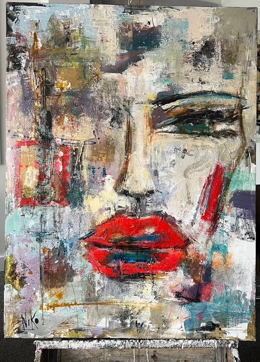 Purple Love original painting by NIKO 48x36 abstract portrait with red lips and soft layered textures